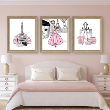 Moda Poster Art Floare Roz Saci Paris Turnul De Cumpărături Imprimare Panza Pictura Pe Perete Salon De Frumusete Fata De Camera De Decorare Imagine