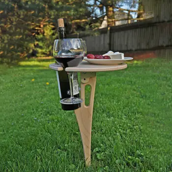 1 buc Portabil în aer liber Gazon de Vin de Masă Cu suport Pliabil Rotund Desktop Pahar de Vin Suport din Lemn Mini Picnic, Camping Masa