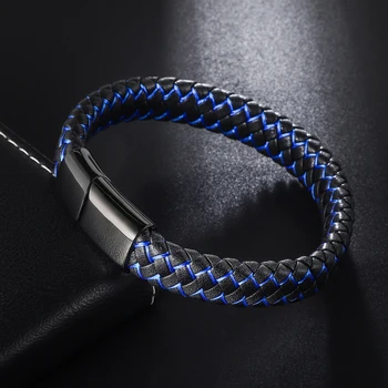 Punk Braided Genuine Leather Bracelet for Men Women Jewelry Stainless Steel Magnetic Clasp Unisex Blue Red Birthday Gifts Couple