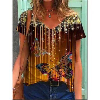 3D Gradient Peisaj Imprimare Tricouri Femei Bluza de Vară 2021 V-Neck Pulover Tops Marimi Mari Femei Casual, Camasi cu Maneca Scurta