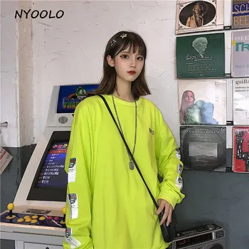 NYOOLO Harajuku ulzzang verde fluorescent hip hop hoodies femei Toamna streetwear maneca lunga pulover tricoul de sex feminin topuri