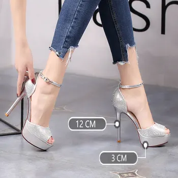 Voesnees Femei Sandale de Aur Sclipici Glezna Inel Gură de Pește OpenToe Elegant Sexy Generos Bine Toc 12CM Podium Model de Pantofi