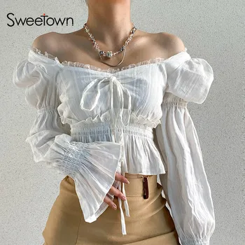 Sweetown Volane Doamne Elegante, Topuri Si Bluze Felinar Cu Maneci Lungi Din Dantela Dulce Coreean Tricouri Lega Piața Guler Alb Tees