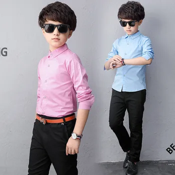 Moda pentru Copii Haine de Bumbac Baieti Mari Dimensiuni Plus Roz de Jos Tricourile de Turn-down Maneca Lunga de Culoare Uniformă Școlară pentru Adolescente