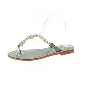 Stralucitoare Boho Pantofi de Moda Boemia Perla Sandale Femei T-strap Thong Flip-Flops, Papuci de casă A176 2021 NOI de Vara Casual Plajă Dulce