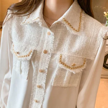 Moda Tweed Mozaic De Mătase Tricouri Femei Cu Maneci Lungi Lanț De Aur De Buzunar Ștrasuri Din Mărgele Tricouri Bluza Office Lady Satin De Matase De Sus