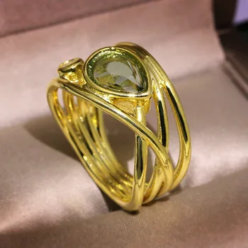Unic Aur Geometrice Multi Strat Inel cu Cristal Verde de Zirconiu Bijuterii Doamnelor Petrecere Argint 925 Moda Inel pentru Femei