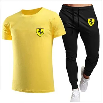 Barbati casual sport, tricou + pantaloni de vară gât rotund barbati casual de stradă de moda t-shirt liber Ferrari yht tricou costum pentru bărbați