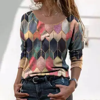 Femei de Primăvară, Tricouri Casual Fashion Moale Doamnelor Îmbrăcăminte O-Gât de Imprimare Carouri Mâneci Lungi Vrac Topuri Femei t Shirt