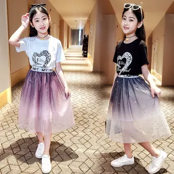 Adolescente Haine pentru Fete 8 12 Ani Vara Noi Sosiri de Bumbac T-Shirt+Gradient Fusta Cu Paiete Fete de Moda Tinutele