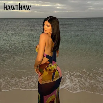 Hawthaw Femei Vara Halter Gol Afară Backless Tipărite Plasă Vedea Prin Rochie Lunga Sundress 2021 Haine De Sex Feminin Streetwear