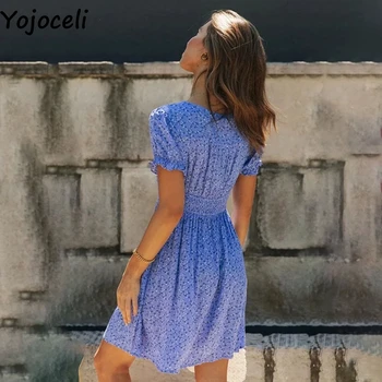Yojoceli Elegant butonul print pentru femei rochie de vara Moale plaja casual rochie scurta de sex feminin sexy de libertate v gât rochie vestidos
