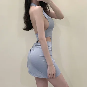 Neregulate Ștreangul de Gât Slab Hip Cordon V-neck Backless Fierbinte Sexy Femei Rochie Mini Rezervor Vesta Albastru Set de Femei din coreea de Plaja 1B7P