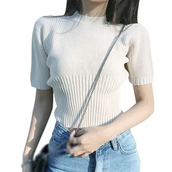 Vara Tricotate T-Shirt Femei Casual Slim Short Sleeve Tee Shirt Stil Coreean O Gât Topuri 202104