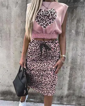 2021 nou sexy slim la modă de îmbrăcăminte pentru femei leopard de imprimare de top fără mâneci rochie costum din două piese T-shirt arata subțire