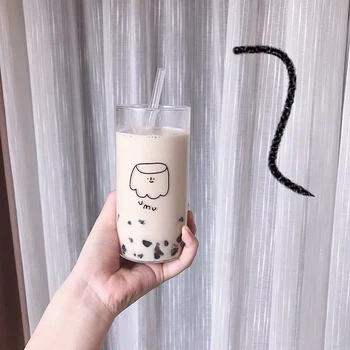 400ml coreean Pahar de Apa Cu Paie Transparent Cana de Cafea Pahare de Desene animate Budinca Borosilicată Cesti de Suc de Drinkware