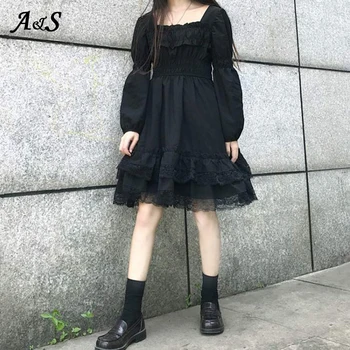 Anbenser Japonez Stil Gotic Lolita Femei Rochie de Prințesă Talie Mare Negru Puff Mâneci LO Rochii Dantela Zburli Partid Rochie Mini