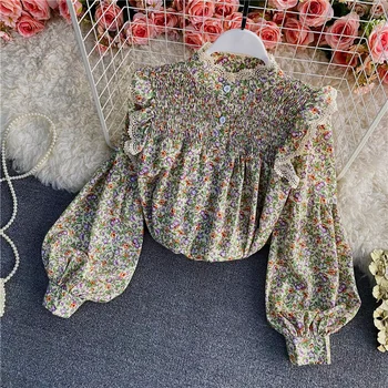 Vintage Model Floral Bluza Femei Stand Guler Stil Liber Dantela Mozaic Volane Mânecă Lungă Lanternă Doamnelor Tricou Topuri T16313A