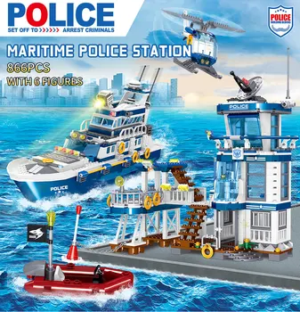 HUIQIBAO 866pcs Mare sectie de Politie Cu Barca de Orașul Blocuri Kit Politist Cifre Cărămizi de Construcție Jucarii Pentru Copii