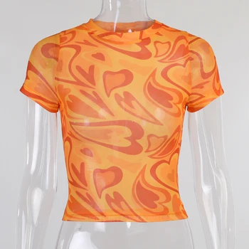 LVINMW Transparent Slim Echipajul Gât Maneci Scurte Femeie Tricouri de Dragoste Imprimate Casual Buric de Moda Topuri Fete de Imprimare Y2K Culturilor Sus