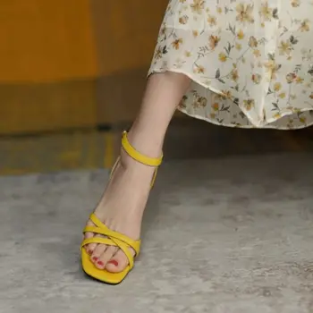 KemeKiss Femei Cu Toc Sandale Piele Glezna Folie De Pantofi Pentru Femei De Vară De Moda Tocuri Subtiri Încălțăminte Mărimea 34-39