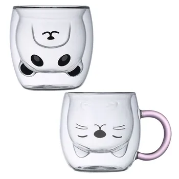 260ML 2-strat Cani Mari de Sticlă Borosilicată Cana de Apa Panda Drăguț Pisica Ceai Ceașcă de Cafea cu Lapte Cupa Minunat Decor Acasă