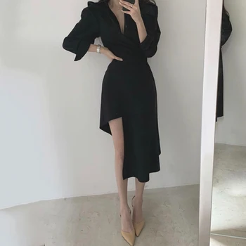 Doamnelor rochii femei 2021 primăvară coreean haine de moda feminine, elegante, casual negru partid culoare solidă maneca lunga cămașă rochie