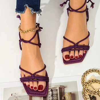 Femei Sandale Cu Deget De La Picior Pătrat Solid Legate Doamnelor Pantofi De Vara Glezna Paie De Moda Concis Femeie Încălțăminte