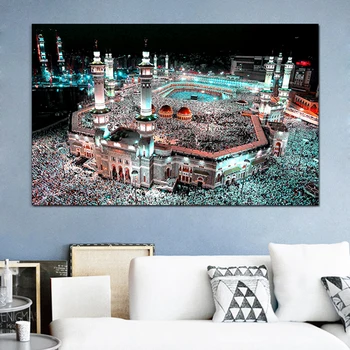Postere si Printuri Panza Pictura Arta de Perete Imaginea Islamului Pelerinaj La Mecca Moscheea Sacra Noapte pentru Camera de zi Decor Acasă