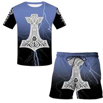Viking 3D Imprimate simbol - Tatuaj Costum 2 Piese Set Barbati Tricou Maneca Scurta + pantaloni Scurți de Plajă Casual Trening, Costume de Potrivire