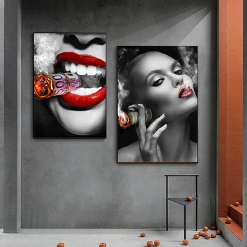 Zâmbetul de Buze Roșii, Arderea de Dolari Bani pentru Nefumători Frumusete de Femeie Imagine Abstractă Panza Pictura Arta de Perete Poster pentru Camera de zi Decor