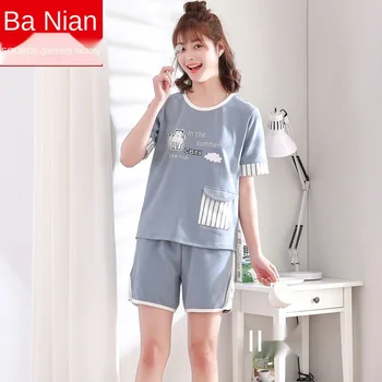 2021 Vara pentru Femei Seturi de Pijamale Subțiri Maneci Scurte pantaloni Scurți de Bumbac cămașă de noapte 2 buc Costum coreeană Desene animate Haine de Acasă Sleepwear