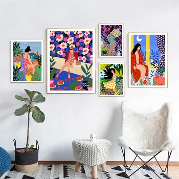 Multicolore Plante de Gradina de Perete de Arta Canvas Tablou Abstract Fata de Moda Poster și Imprimeuri Nordice Decoratiuni Interioare Poze