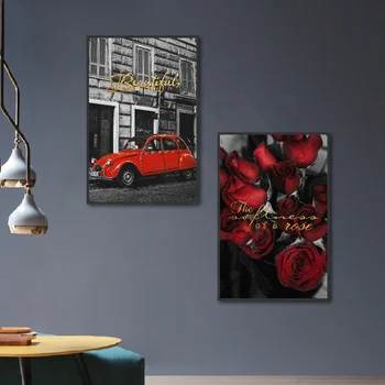 Europene de Mare Trandafir Roșu cu Masina de Conducere de Model Pe Fundal Alb Vintage Poster Tapet Tapet Camera de zi Mobilier de Arta
