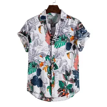 Barbati Maneca Scurta Rever Tricou Imprimat Tropicale cu Frunze Model Floral Bluza Casual de Vara Hawaiian Vacanță Camisa TopsM-3XL