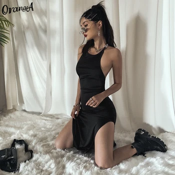 OrangeA de vară 2021 split femei rochie fără mâneci căpăstru solid negru sexy backless lanț de moda streetwear rochii haine slim