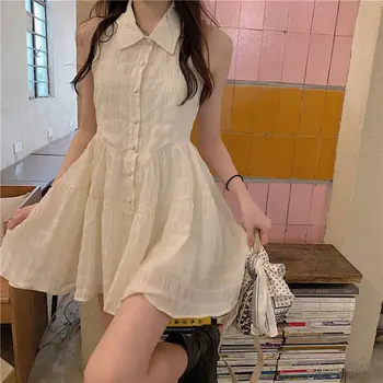 Căpăstru Sexy Halter Rochie de Camasa pentru Femei de Vară 2021 Nou Stil fără Mâneci Tricou Copil de Nișă Puf Fusta Drăguț girly rochie albă