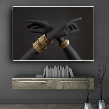 Negru și Auriu Mână cu Brățară de Aur Pictura in Ulei pe Panza Artă Africană, Postere, Printuri Poze de Perete pentru Living Decorul Camerei