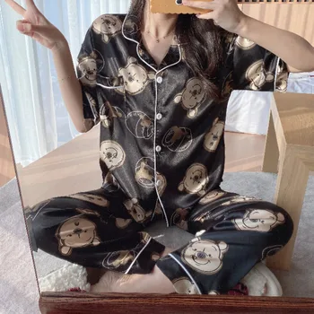 Doamna Maneca Scurta Vara Homewear Satin de Mătase Sleepwear Pooh de Imprimare de Moda Pijamale