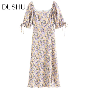 DUSHU Plus dimensiune imprimare florale rochie lunga Femei puff maneca sexy split bandaj rochie de Vara plisata vintage boho rochii de plajă