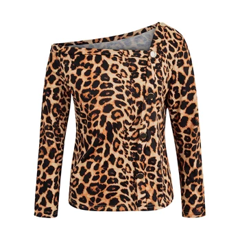 Leopard Imprimate Oblic Guler Bluza Femei cu Maneci Lungi Buton Subțire de sex Feminin Bluze de Primavara Epocă Streetwear Doamna Casual Haine