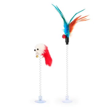 Sunction Cupa Cat Stick Jucării Elastica Cu Clopotel Colorat Mouse-ul Și Pene de Primăvară Teaser Fraier pe Podea Produs pentru Pisoi