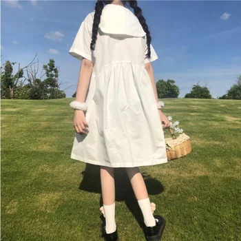 Femei rochie de Vara Harajuku Kawaii Alb All-meci Stil Preppy Pur Arc Fraged Imperiu de zi cu Zi Colegiul Ulzzang Maneca Scurta Simplu