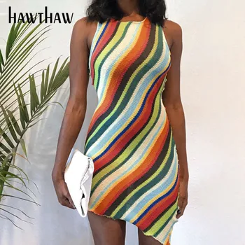 Hawthaw Femei De Vară Fără Mâneci Bodycon Dungi Tricot Imprimat Pachet Șold Mini Rochie Sundress 2021 Haine De Sex Feminin Streetwear