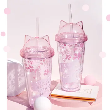 Sakura BPA Gratuit Pahare de Plastic Cu Capace Și Paie Sticla de Apa pentru Băut Cana de Cafea de Suc de Lapte paie cupa Ascunse Paie Gheață Cupa