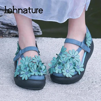 Johnature Sandale Cu Toc Pantofi Femei Din Piele Retro 2021 Noi De Vara Cârlig & Bucla Casual, Sandale Cu Platforma Doamna Sandale