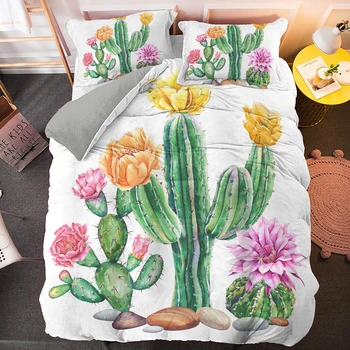 Decor acasă Cactus Cu Flori de Regina Set de lenjerie de Pat Plante Verzi Acoperi Plapuma si fata de Perna Pat King-Size Seturi