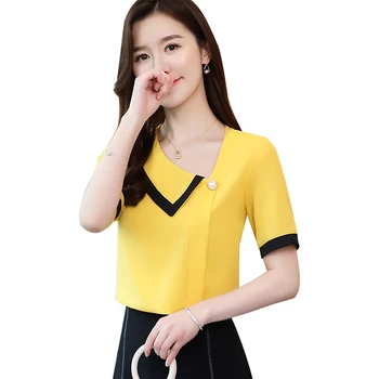 2021 Vara Noua Modă De Culoare Solidă Slash Decorare Gât Camasa Bluza Maneca Scurta Șifon Bluza Office Lady Style 9203 50