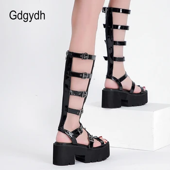 Gdgydh Sandale Gladiator Femei Negru Confortabil De Mers Pe Tocuri Indesata Stil Gotic Sandale Cu Platforma Femei Pantofi De Vara Din Piele De Brevet