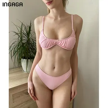 INGAGA Împinge în Sus Bikini cu dungi de Costume de baie Femei Costume de baie Solid Ruched Costume de Baie Ridicat Piciorul Beachwear 2021 Nou Sexy Biquini